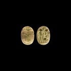 Egyptian Scarab with Figures
New Kingdom, 1550-1070 BC. A steatite scarab with detailed carapace and articulated legs, engraved standing figure holdi...