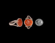 Parthian Horse Gemstone in Silver Ring
3rd century BC-2nd century AD. A carnelian cabochon with intaglio horse motif, set into a later silver finger ...