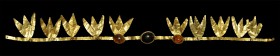 Greek Gold Diadem with Gemstones
6th-4th century BC. A sheet gold and gemstone diadem comprising a narrow gold fillet with ten sheet-gold pendant pla...