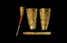 Greek Gold Rhyton Terminal and Fitting Group
5th century BC. A set of gold fittings for a rhyton-shaped vessel comprising: tubular mouthpiece in two ...