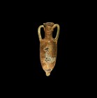 Greek Hellenistic Amphoriskos Perfume Bottle
2nd-1st century BC. A glass miniature amphora with piriform body, knop finial, trumpet-shaped neck and l...