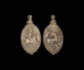 Parthian Pendant with Animals and Horse Rider
1st century BC-1st century AD. An oval stone pendant with a helmetted horse rider to one side, a standi...