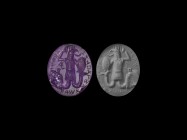 Greek Bifacial Gnostic Gemstone with Abrasax
4th-7th century AD. An amethyst discoid gemstone with chamfered underside, intaglio anguiped (the god Ab...