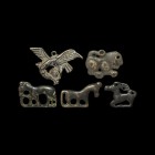 Scythian Animal Appliqué Group
Later 1st millennium BC. A mixed group of bronze zoomorphic mounts including deer, lion and eagle. 48 grams total, 32-...