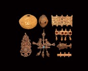 Greek Hellenistic and Other Gold Jewellery Collection
2nd century BC and later. A mixed group of gilded items comprising: a bulbous gold bead with tr...