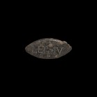 Roman Legion IV Mount
1st century AD. A bronze almond-shaped mount, inscribed with 'LEG IV' to the upper face, two fixing studs to the underside. 13....