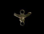 Roman Phallic Pendant
1st-2nd century AD. A bronze phallic pendant consisting of a large suspension ring to the top and bottom, to the left an arm en...