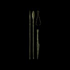 Roman Medical Instrument Collection
1st-2nd century AD. A group of four bronze implements comprising: a pair of flat-section tweezers with angled tip...