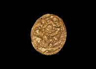 Roman Gold Figural Mount
1st-2nd century AD. An ellipsoid sheet gold appliqué with repoussé ropework border, scene depicting a nude bearded male with...