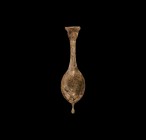 Roman Iridescent Glass Vessel
1st century AD. A bulbous toilet bottle with knop finial, slender neck and flared mouth with bell-shaped rim; iridescen...