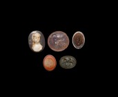 Roman and Other Gemstone Collection
1st millennium BC and later. A mixed group comprising: a green jasper scarab with sphinx intaglio; a glass female...