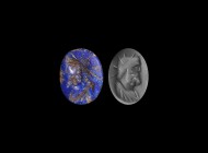 Roman Gemstone with Bust of Probus
3rd century AD. A lapis lazuli cloison with intaglio bust of Emperor Probus wearing a radiate solar crown and drap...