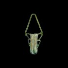 Roman Handled Unguentarium
1st-2nd century AD. An aqua glass double unguentarium with rolled rim to each tube, applied triangular handle with lateral...