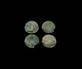 Roman Horse Harness Strap Junction Group
1st-3rd century AD. A group of four bronze plano-convex strap junctions, each with slots to the rim. 172 gra...