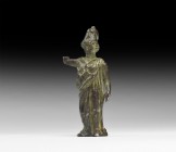 Roman Silver Minerva Statuette
1st-2nd century AD. A bronze figurine of Minerva (Greek Athena) in floor-length robe and cuirass, helmet with crest, l...