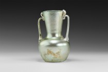 Roman Large Iridescent Glass Flask
4th century AD. An iridescent glass vessel with bulbous body and dimpled base, funicular neck with rolled rim, app...