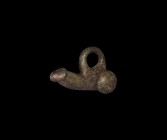 Roman Phallic Pendant
1st-2nd century AD. An unusual bronze phallic pendant with lateral testicles, large suspension loop above. 19.6 grams, 31mm (1 ...