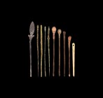 Roman Medical Instrument Group
1st-3rd century AD. A mixed group of surgical and medical implements including a bone pin, a bronze lancet, bronze pro...