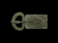 Roman Buckle and Plate with Amphora with Flower
2nd century AD. A bronze military buckle comprising a D-shaped facetted loop, leaf-shaped tongue, rec...