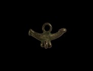 Roman Phallic Pendant
1st-2nd century AD. A bronze phallic pendant consisting of a large suspension ring to the top, to the left an arm ending in a h...