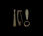 Roman to Saxon Artefact Collection
1st-9th century AD. A mixed bronze group comprising: cosmetic tweezers with ribbed spring; a dolphin bow brooch wi...
