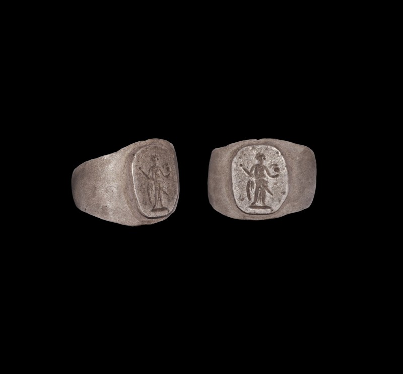 Roman Silver Ring with Standing Figure
2nd-3rd century AD. A substantial flat-s...