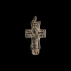 Byzantine Reliquary Cross Pendant
10th-13th century AD. A bronze reliquary pendant with Corpus Christi to one face, to the other Christ in orans pose...