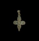 Byzantine Reliquary Cross Pendant
9th-12th century AD. A bronze enkolpion reliquary cross pendant with facing nimbate bust to each arm, central nimba...