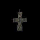 Byzantine Cross Pendant
10th-13th century AD. A bronze cross pendant with high-relief image of Christ in orans pose with portrait of a saint to all f...
