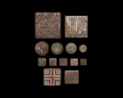 Byzantine Weight Collection
10th-11th century AD. A mixed group of bronze trade weights comprising: four barrel-shaped with lettering to one face, fi...