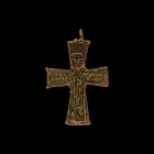 Byzantine Reliquary Cross Plate
8th-10th century AD. A bronze plate from a hinged reliquary cross (enkolpion) with robed facing figure, inscribed tex...