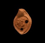 Byzantine Oil Lamp with Figural Scene
6th-7th century AD. A broad D-shaped terracotta oil lamp with lateral flange, basal ring, lug handle, filler ho...