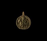 Byzantine Pendant with St Michael
10th-13th century AD. A bronze discoid pendant with pierced lug above, low-relief image of St Michael as an armoure...