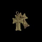 Byzantine Reliquary Cross Pendant
8th-10th century AD. A substantial two-part bronze reliquary cross pendant with suspension ring, raised inner cross...