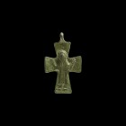 Byzantine Cross Pendant with Saint
9th-12th century AD. A bronze cruciform pendant with low-relief robed figure (Mary Theotokos?) in orans pose to th...