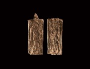 Byzantine Saint Plaque Group
5th-8th century AD. A pair of flat lead rectangular plaques comprising: one with triangular tag above, winged figure in ...