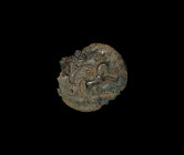 Western Asiatic Sassanian Mount with King Hunting
7th century AD. A bronze repousse plaque with scrolled tendril border, central image of a rearing h...