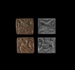Western Asiatic Bifacial Stamp Seal
Later 3rd millennium BC. A bronze bifacial stamp seal, lentoid in section and square in plan with central hole; a...