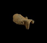 Western Asiatic Rhyton Ram Terminal
2nd millennium BC. A fragment of a bronze vessel with conical base, ram-head finial with spiral horns, loop to th...