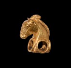 Western Asiatic Achaemenid Gold Horse Head Finial
6th-4th century BC. A gold mount formed as a horse's head and curved neck, four circular apertures ...