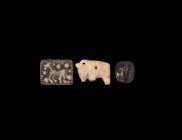 Western Asiatic Artefact Collection
2nd-1st millennium BC. A group of three stone artefacts comprising: one white stone quadruped amulet with ring an...