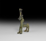 Western Asiatic Ibex Statuette
2nd-1st millennium BC. A bronze figurine of a standing ibex with large horns, loop behind the neck, raised collars to ...