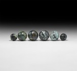 Chinese Tang Turquoise and Serpentine Bead Group
Tang Dynasty, 618-906 AD. A mixed group of turquoise and serpentine spherical beads, pierced for sus...