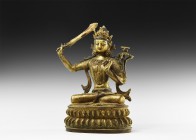 Tibetan Gilt Buddha Figure
20th century AD. A hollow-formed bronze figure of Buddha sitting cross-legged on a lotus flower base, holding a sword alof...