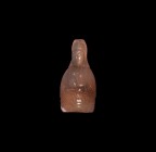 Chinese Carved Figural Pipe Mouthpiece
19th century AD. A carved banded agate mouthpiece formed as a seated female holding a vase or bottle to her ch...