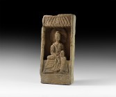 Chinese Northern Wei Buddha Brick
Northern Wei Dynasty, 386-534 AD. A carved stone architectural panel depicting seated nimbate Buddha under a canopy...