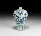 Chinese Blue and White Vase
20th century AD. A meiping form glazed ceramic vase with blue foliage, phoenix and other painted ornament. 2.1 kg, 30cm (...
