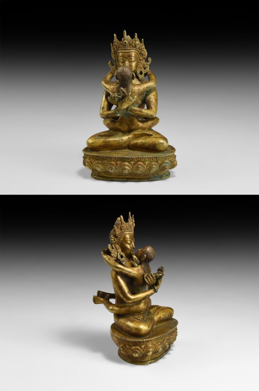 Tibetan Gilt Chakra Samvara Figure
20th century AD. A gilt-bronze figure of Cha...
