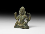 Tibetan Bodhisattva Statuette
19th century AD. A hollow-formed bronze figure of Avalokiteshvara, the four-armed bodhisattva, sitting cross-legged hol...