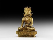 Tibetan Gilt Buddha Figure
Early 20th century AD. A hollow-formed bronze figure of Buddha sitting cross-legged on a lotus-flower base with elaborate ...